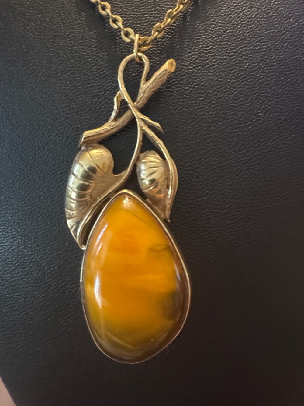 Gold-Tone Leaf Necklace with Butterscotch Amber-Colored Teardrop Pendant